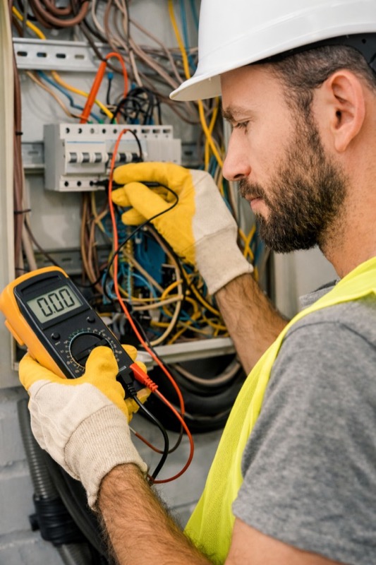 Electrician testing an electrical panel with a multimeter
