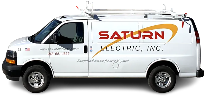 Saturn Electric branded service van with company logo, website, and phone number