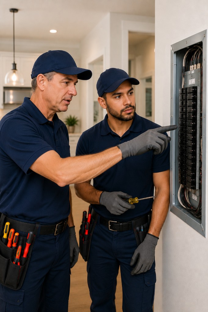 Two Saturn Electric electricians collaborating at a residential electrical panel during a service call