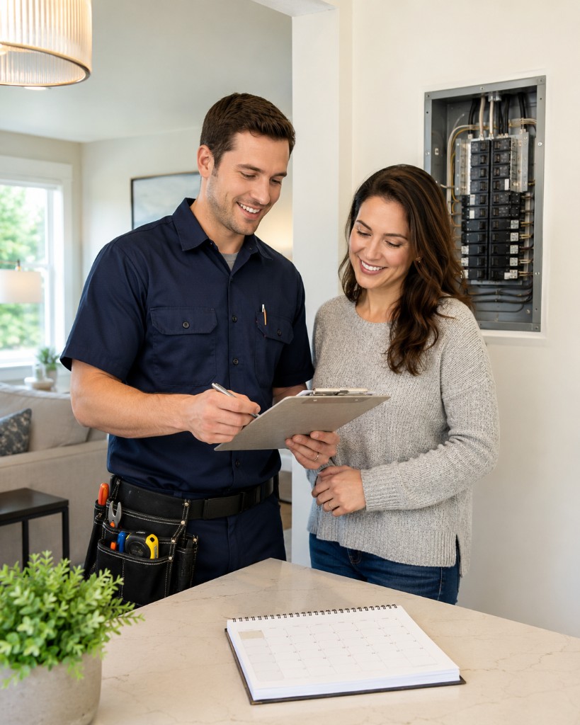 Saturn Electric electrician reviewing membership details with a homeowner near a residential electrical panel