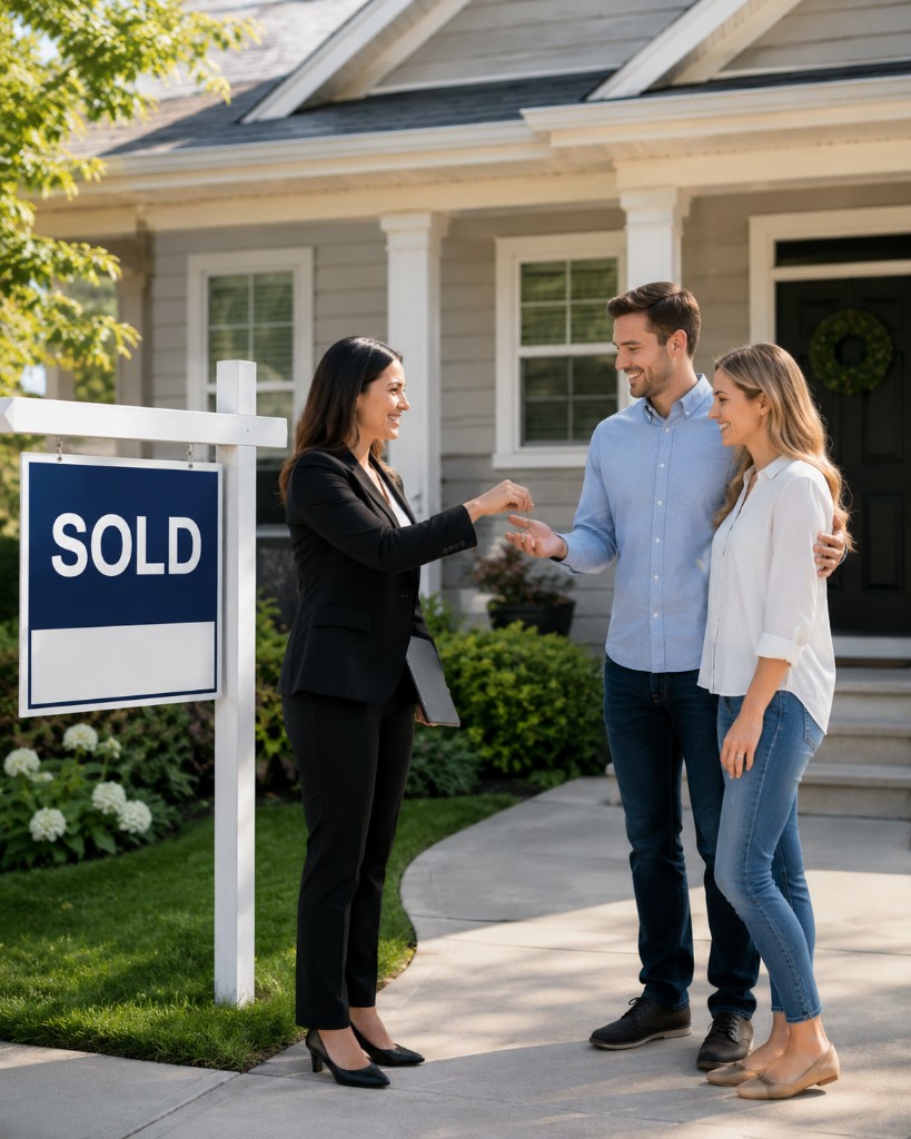 Real estate agent handing house keys to new homeowners in front of a home with a sold sign