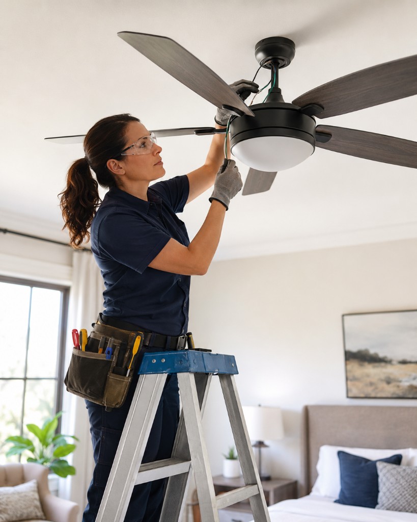 Saturn Electric electrician installing a modern ceiling fan in a residential bedroom