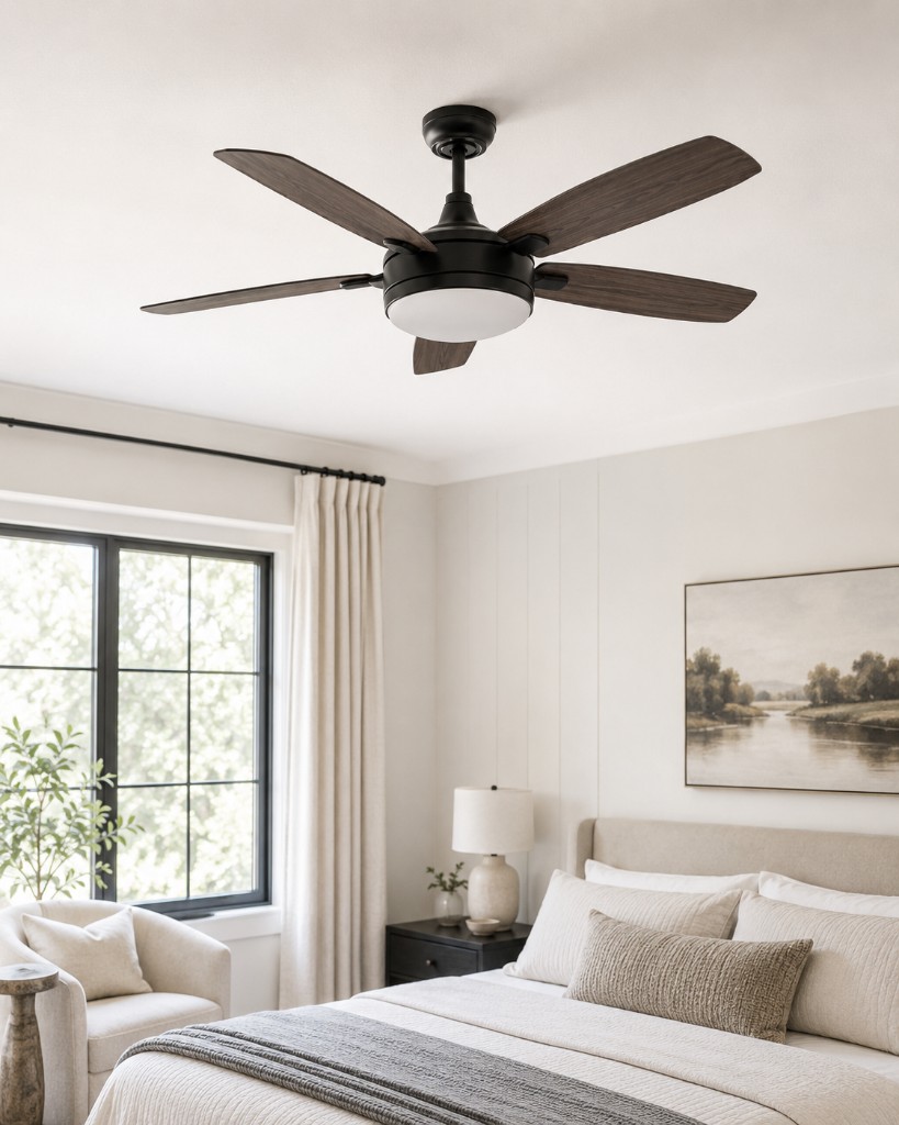 Installed modern ceiling fan in a bright bedroom after professional installation