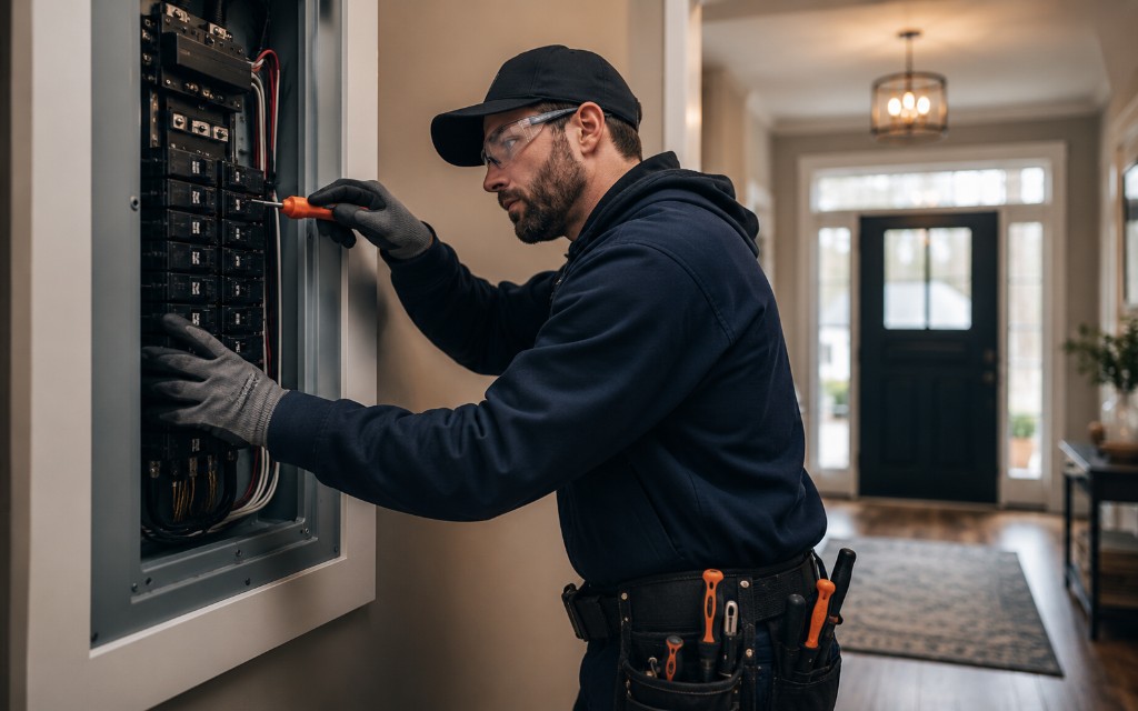 Licensed Saturn Electric electrician servicing a residential electrical panel in a Michigan home