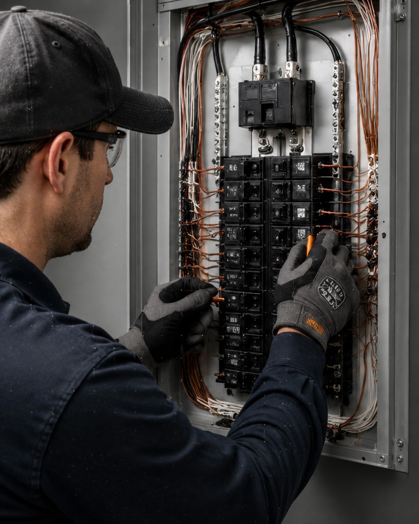 Saturn Electric electrician working on circuit breakers and wiring inside a residential electrical panel