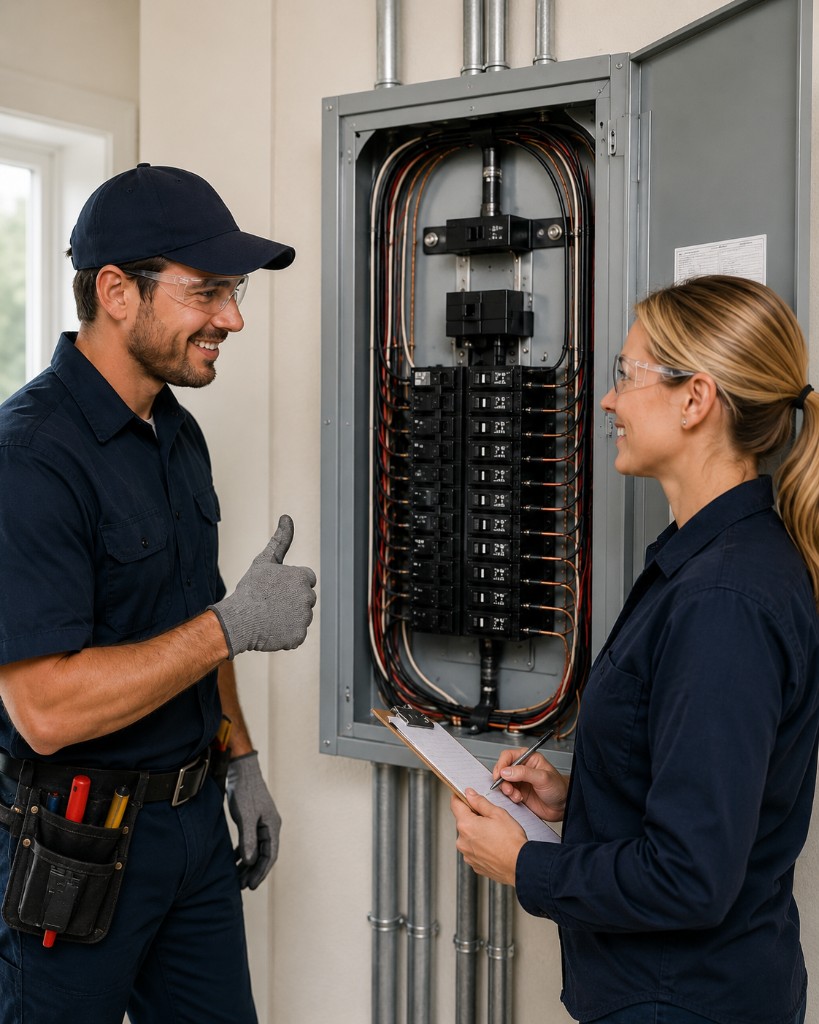 Saturn Electric electricians reviewing electrical inspection findings at a residential panel