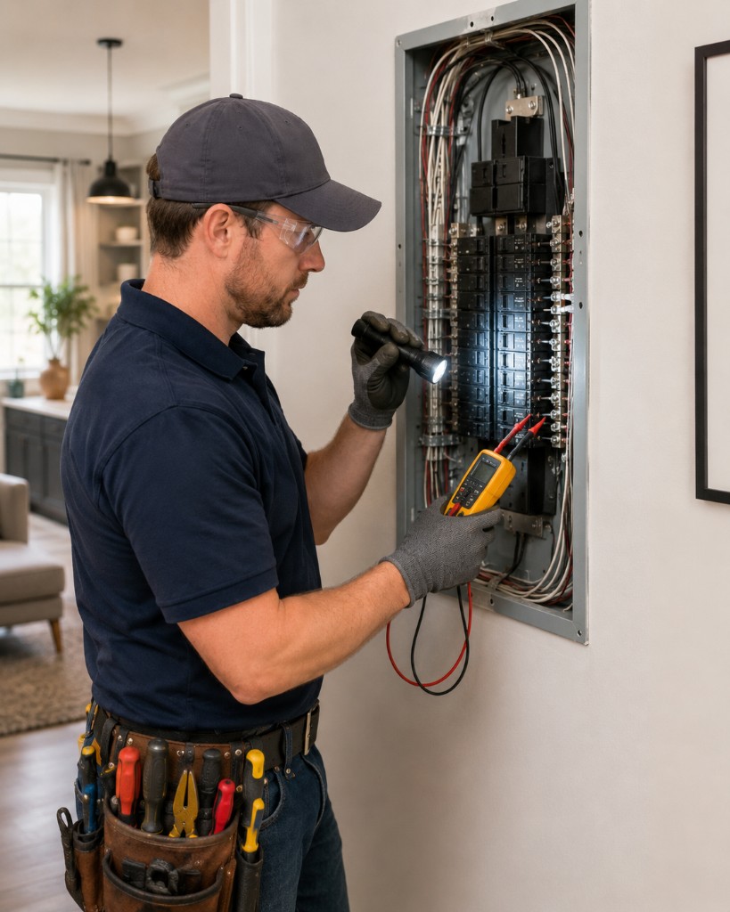 Licensed Saturn Electric electrician inspecting a residential electrical panel with a flashlight and multimeter