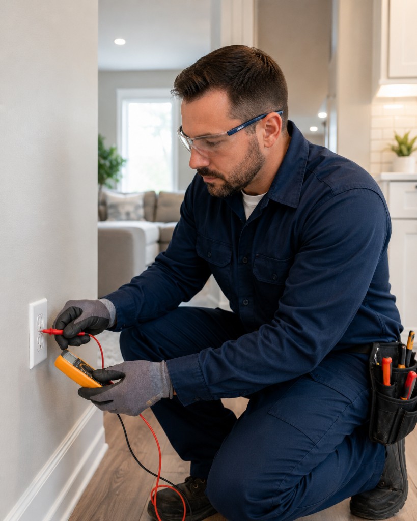 Saturn Electric electrician testing an outlet with a multimeter during a home electrical safety inspection