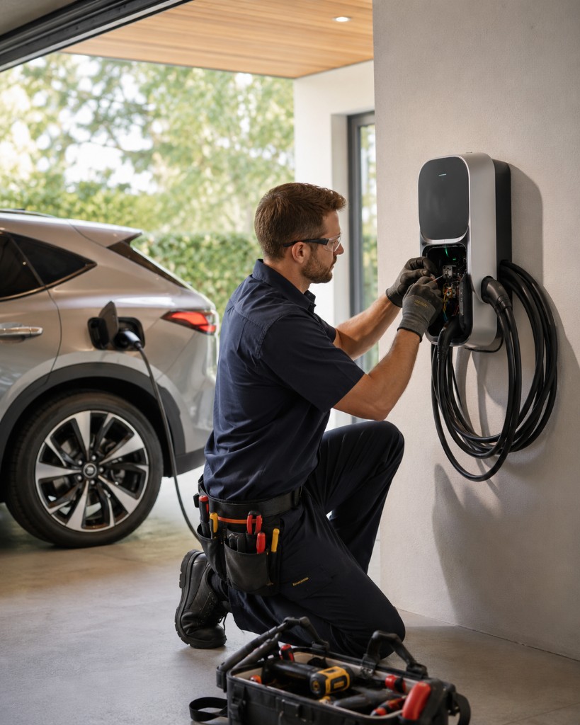 Saturn Electric technician installing a Level 2 EV charger in a residential garage with an electric vehicle nearby