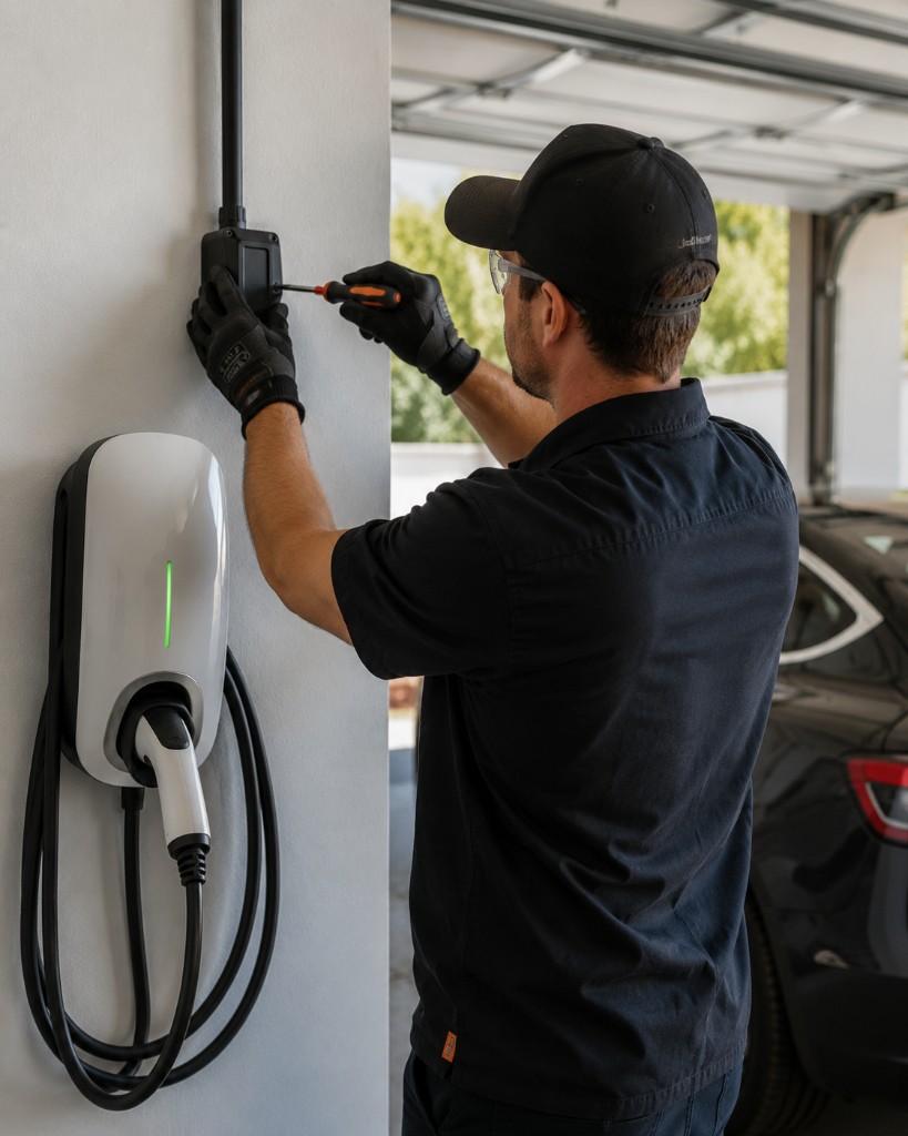Saturn Electric technician installing a wall-mounted Level 2 EV charger in a home garage