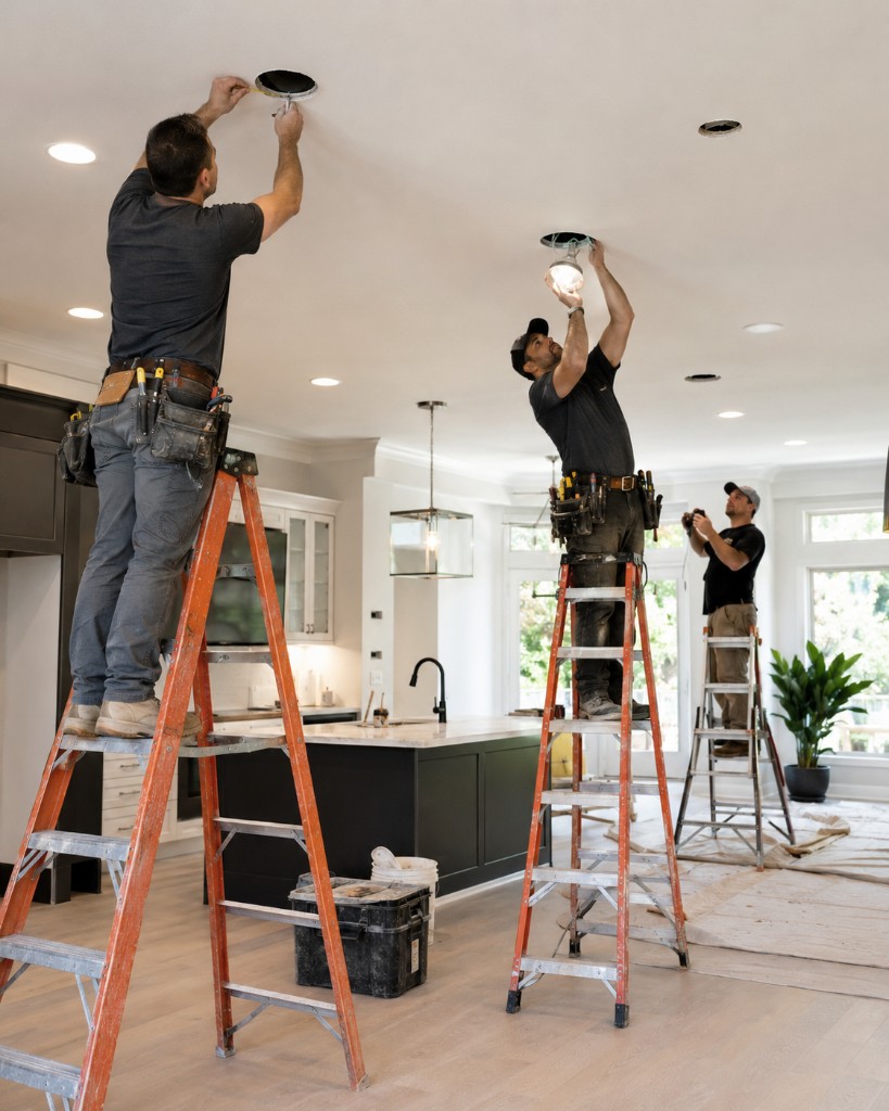 Saturn Electric electricians installing recessed ceiling lights in a modern residential kitchen