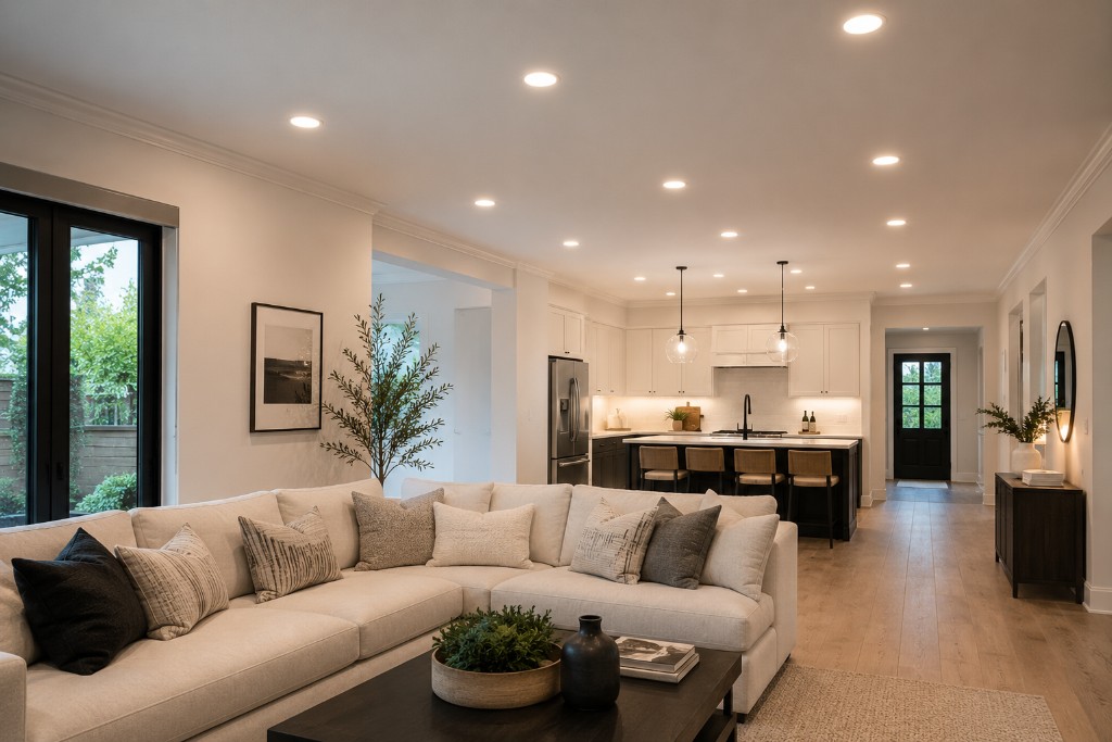 Completed recessed lighting installation in a modern open-concept living room and kitchen