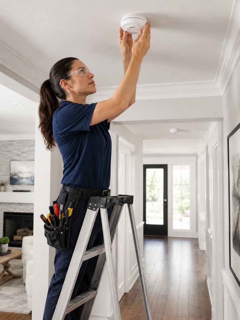 Saturn Electric electrician installing a smoke detector on a residential hallway ceiling