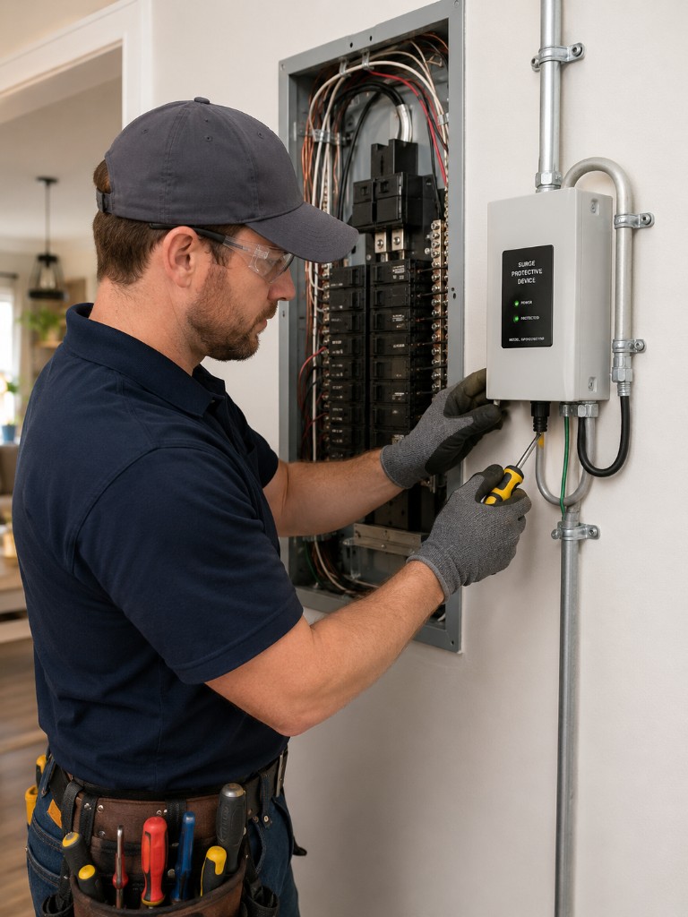 Saturn Electric electrician installing a whole-home surge protective device next to a residential electrical panel