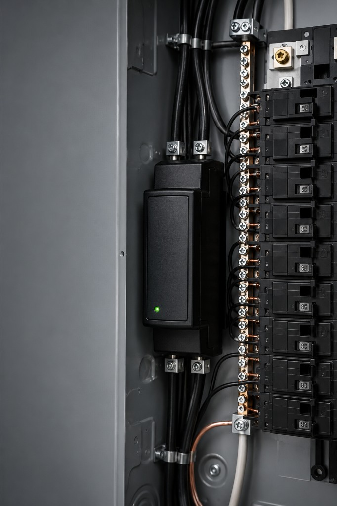 Whole-home surge protective device installed inside a residential electrical panel with circuit breakers